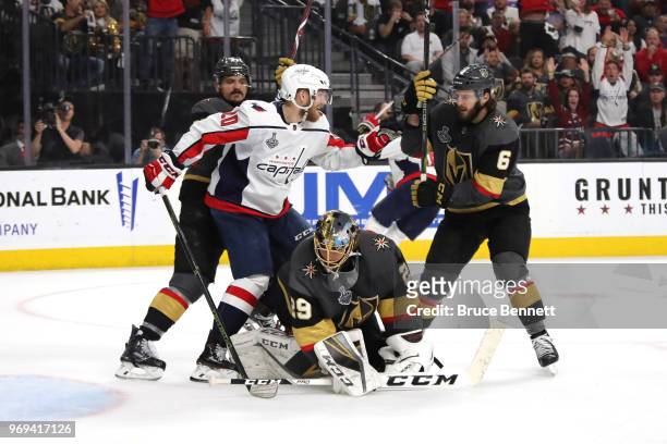 Lars Eller of the Washington Capitals celebrates his third-period goal past Marc-Andre Fleury of the Vegas Golden Knights in Game Five of the 2018...