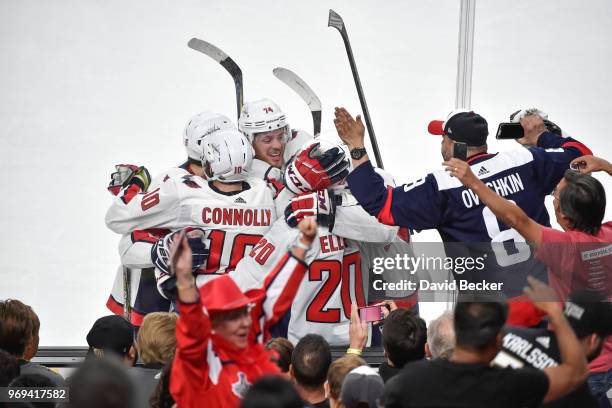 Lars Eller celebrates his goal with teammates Brett Connolly, Andre Burakovsky, John Carlson and Michal Kempny of the Washington Capitals against the...