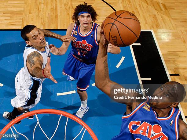 Jawad Williams of the Cleveland Cavaliers grabs a rebound against the Orlando Magic during the game on February 21, 2010 at Amway Arena in Orlando,...