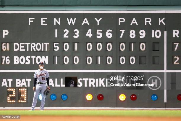JaCoby Jones of the Detroit Tigers bows a bubble with his gum in the ninth inning of a game against the Boston Red Sox at Fenway Park on June 07,...