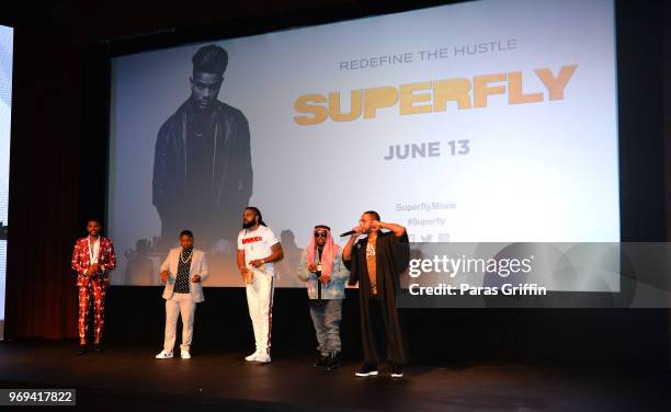 Trevor Jackson, Jason Mitchell, Kia Shine, Big Boi, and Director X onstage during Columbia Pictures "Superfly" Atlanta special screening on June 7,...