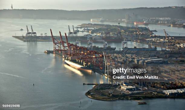 aerial photography view point of durban city harbour, durban container terminal, pier 2, cranes workshop. kwazulu natal, south africa. full colour horizontal image, wide angle panoramic cityscape. - durban fotografías e imágenes de stock