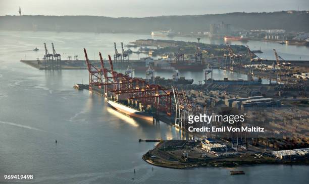 aerial photography view point of durban city harbour, durban container terminal, pier 2, cranes workshop. kwazulu natal, south africa. full colour horizontal image, wide angle panoramic cityscape. - durban stock pictures, royalty-free photos & images