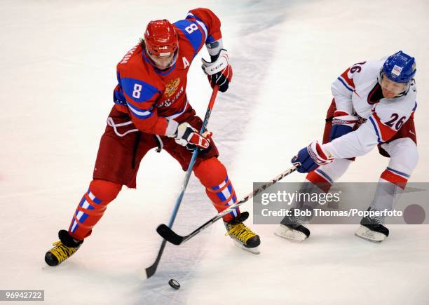 Alexander Ovechkin of Russia with Patrik Elias of the Czech Republic during the ice hockey men's preliminary game between Russia and Czech Republic...