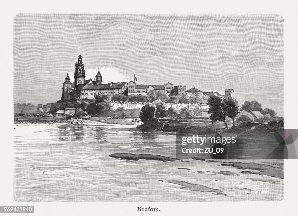 wawel castle in krakow, poland, wood engraving, published in 1897 - wawel castle stock illustrations