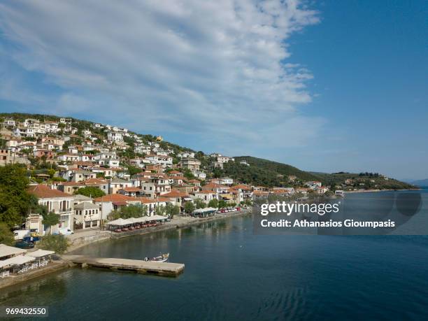 Aerial view of Afissos beach on May 30, 2018 in Pelion, Greece. Afissos is a small summer resort about 25 km from Volos. Afisos is a family place...