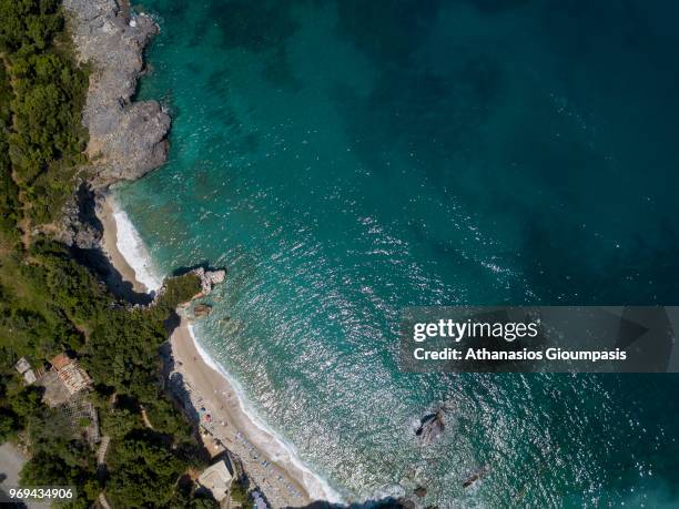 Aerial view of Milopotamos beach on May 10, 2018 in Pelion, Greece. On the Aegean side of East Pelion is the Milopotamos beach which attracts...