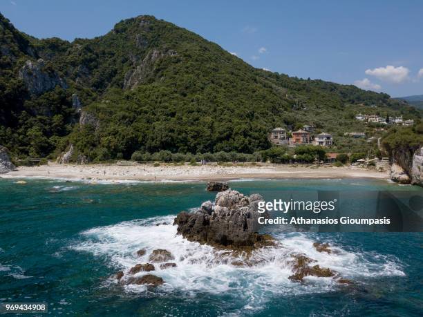 Aerial view of Damouchari Beach on May 30, 2018 in Pelion, Greece. Damouchari Beach is natural little port situated on the eastern coast of Pelion...