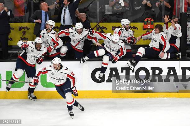The Washington Capitals clear the bench to celebrate their 4-3 win over the Vegas Golden Knights to win the Stanley Cup in Game Five of the 2018 NHL...