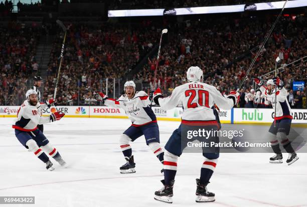 Lars Eller of the Washington Capitals celebrates his goal with teammates during the third period of Game Five of the 2018 NHL Stanley Cup Final...