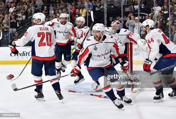 The Washington Capitals celebrate after defeating the Vegas Golden Knights in Game Five of the Stanley Cup Final during the 2018 NHL Stanley Cup...