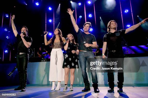 Musicians Charles Esten, Lennon Stella, Maisy Stella, Chris Carmack and Jonathan Jackson perform onstage during the 2018 CMA Music festival at the...