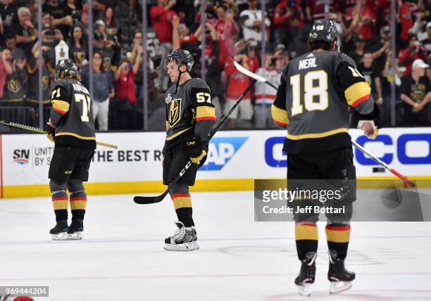 Vegas Golden Knights players react after losing to the Washington Capitals in Game Five of the Stanley Cup Final during the 2018 NHL Stanley Cup...
