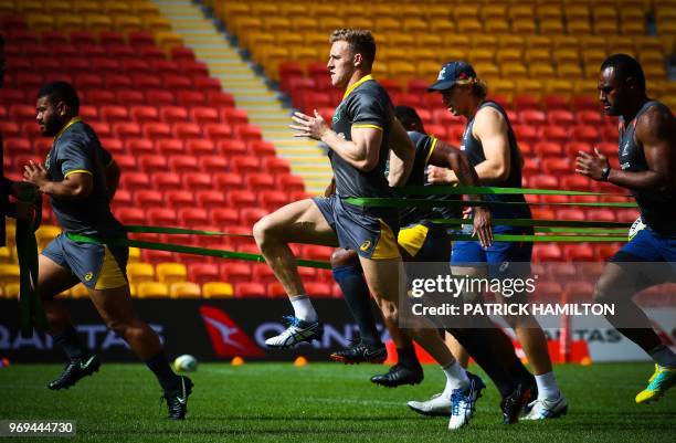 Australia's Reece Hodge attends the captain's run training session at Suncorp Stadium in Brisbane on June 8 ahead of the rugby match between...