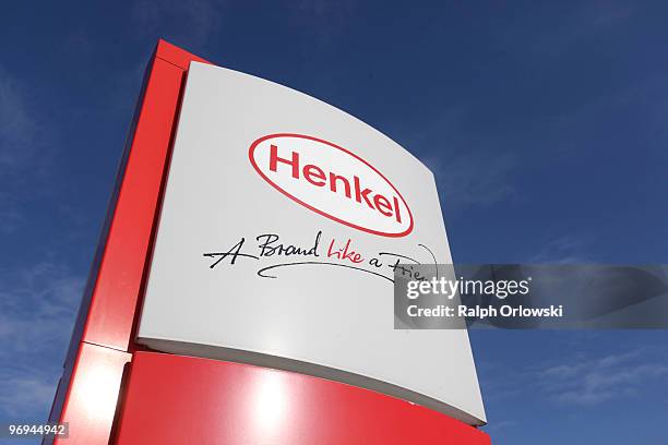 Logo of German toiletries, cosmetics and detergent maker Henkel stands in the light at the manufacturing plant on February 16, 2010 in Duesseldorf,...