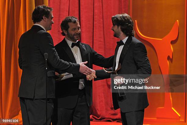 Actor Jason Segel and writer/director/producer Judd Apatow and writer Mark Boal onstage at the 2010 Writers Guild Awards held at the Hyatt Regency...