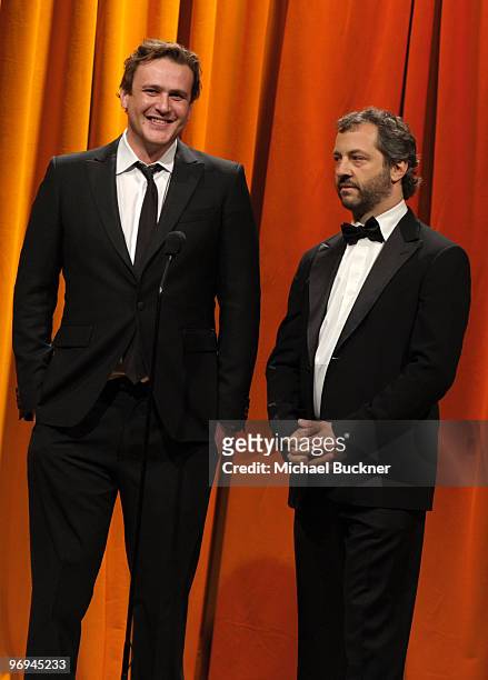 Actor Jason Segel and writer/director/producer Judd Apatow onstage at the 2010 Writers Guild Awards held at the Hyatt Regency Century Plaza on...