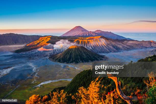 sunrise at mount bromo volcano, the magnificent view of mt. bromo located in bromo tengger semeru national park, east java, indonesia. - java foto e immagini stock