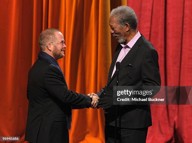 Writer Anthony Peckham and actor Morgan Freeman onstage at the 2010 Writers Guild Awards held at the Hyatt Regency Century Plaza on February 20, 2010...