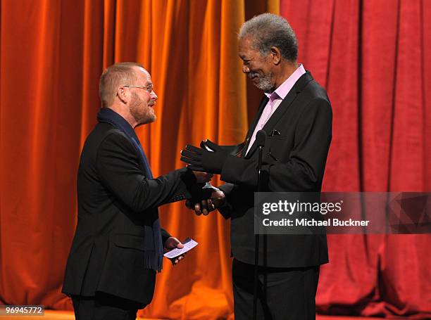 Writer Anthony Peckham and actor Morgan Freeman onstage at the 2010 Writers Guild Awards held at the Hyatt Regency Century Plaza on February 20, 2010...