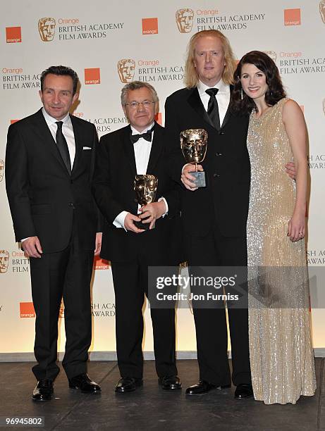 Ray Beckett and Paul NJ Ottosson are seen with Eddie Marsan and Jodie Whittaker after receiving their award for Sound, for the film The Hurt Locker,...