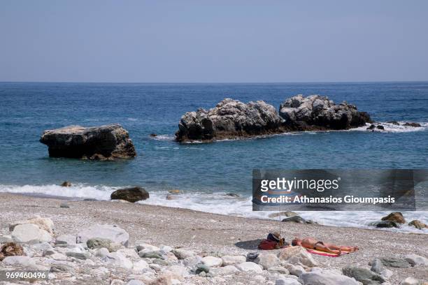 Panoramic view of Damouchari Beach on May 30, 2018 in Pelion, Greece. Damouchari Beach is natural little port situated on the eastern coast of Pelion...