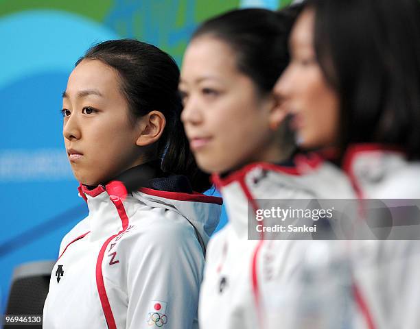 Mao Asada, Akiko Suzuki and Miki Ando attend a press conference at the main media center during the Vancouver Olympic on February 21, 2010 in...