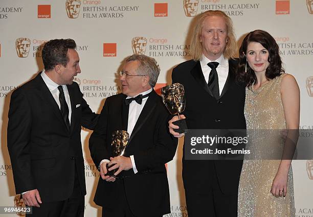Ray Beckett and Paul NJ Ottosson are seen with Eddie Marsan and Jodie Whittaker after receiving their award for Sound, for the film The Hurt Locker,...