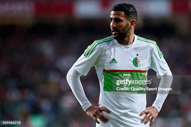 Riyad Mahrez of Algeria looks on during the friendly match of preparation for FIFA 2018 World Cup between Portugal and Algeria at the Estadio do...