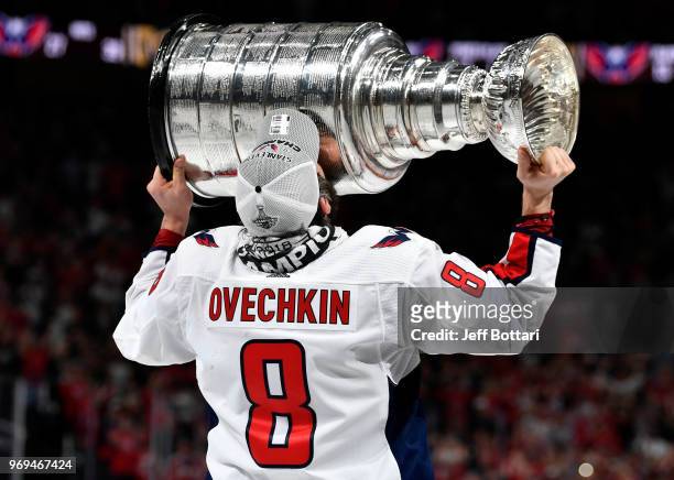 Alex Ovechkin of the Washington Capitals celebrates with the Stanley Cup after defeating the Vegas Golden Knights in Game Five of the Stanley Cup...