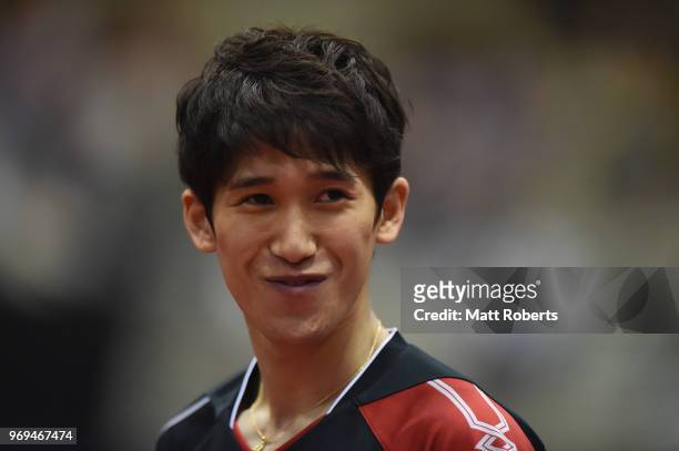 Maharu Yoshimura of Japan smiles on day one of the ITTF World Tour LION Japan Open Ogimura Cup at Kitakyushu City General Gymnasium on June 8, 2018...