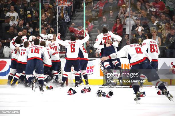 The Washington Capitals celebrate their 4-3 win over the Vegas Golden Knights to win the Stanley Cup in Game Five of the 2018 NHL Stanley Cup Final...