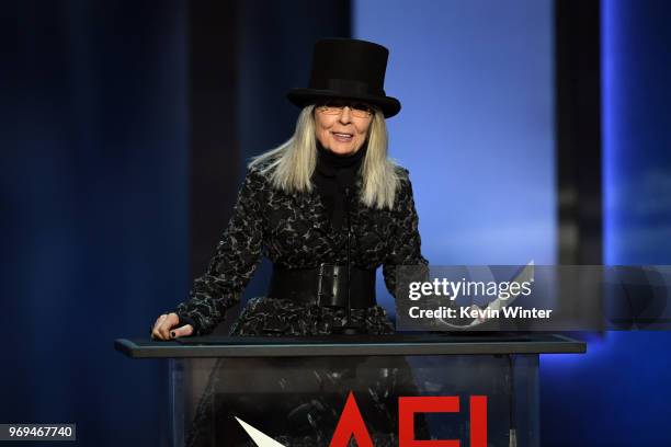 Diane Keaton speaks onstage during the American Film Institute's 46th Life Achievement Award Gala Tribute to George Clooney at Dolby Theatre on June...