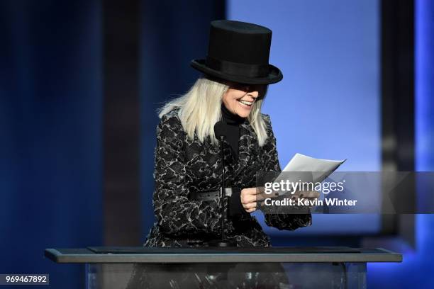 Diane Keaton speaks onstage during the American Film Institute's 46th Life Achievement Award Gala Tribute to George Clooney at Dolby Theatre on June...