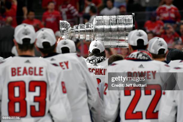 Alex Ovechkin of the Washington Capitals celebrates with the Stanley Cup after defeating the Vegas Golden Knights in Game Five of the Stanley Cup...