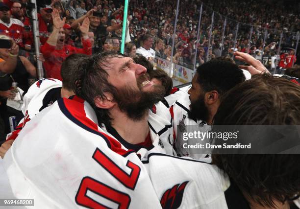 Alex Ovechkin of the Washington Capitals celebrates winning the Stanley Cup after his team defeated the Vegas Golden Knights 4-3 in Game Five of the...