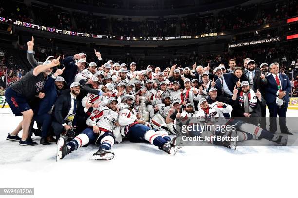 The Washington Capitals pose for a team photo with the Stanley Cup after defeating the Vegas Golden Knights in Game Five of the Stanley Cup Final...