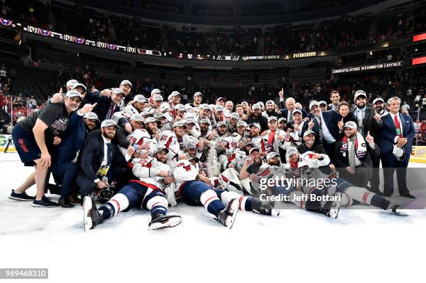 The Washington Capitals pose for a team photo with the Stanley Cup after defeating the Vegas Golden Knights in Game Five of the Stanley Cup Final...