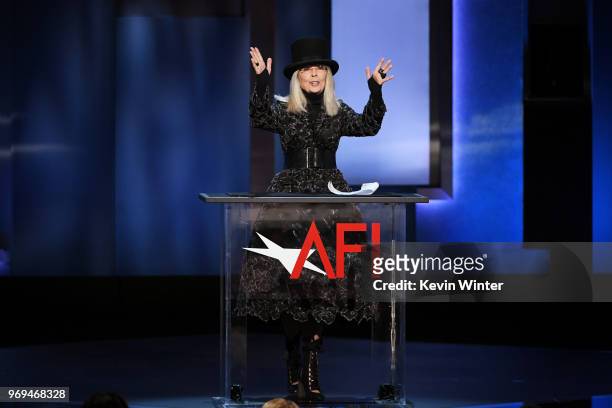Diane Keaton speaks onstage during the American Film Institute's 46th Life Achievement Award Gala Tribute to George Clooney at Dolby Theatre on June...