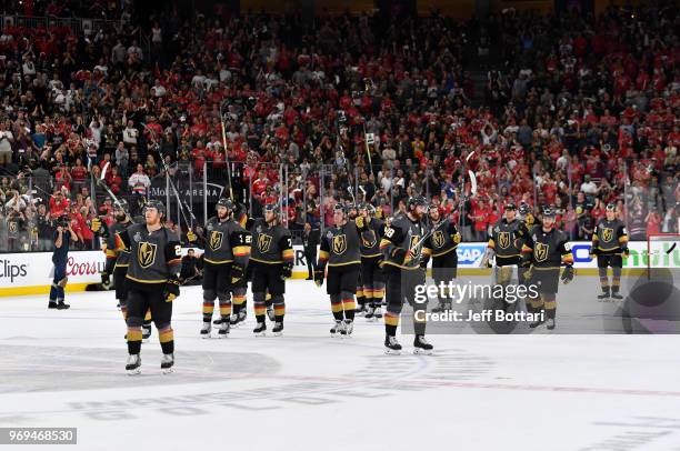 Vegas Golden Knights acknowledge the fans after their loss to the Washington Capitals in Game Five of the Stanley Cup Final during the 2018 NHL...