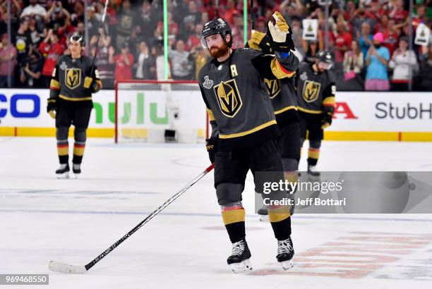 Vegas Golden Knights acknowledge the fans after their loss to the Washington Capitals in Game Five of the Stanley Cup Final during the 2018 NHL...