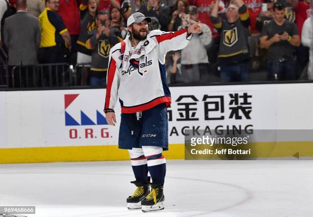 Alex Ovechkin of the Washington Capitals celebrates after defeating the Vegas Golden Knights in Game Five of the Stanley Cup Final during the 2018...