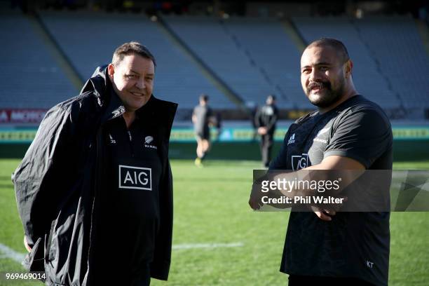All Black coach Steve Hansen and Karl Tu'inukuafe during the New Zealand All Blacks Captain's Run at Eden Park on June 8, 2018 in Auckland, New...