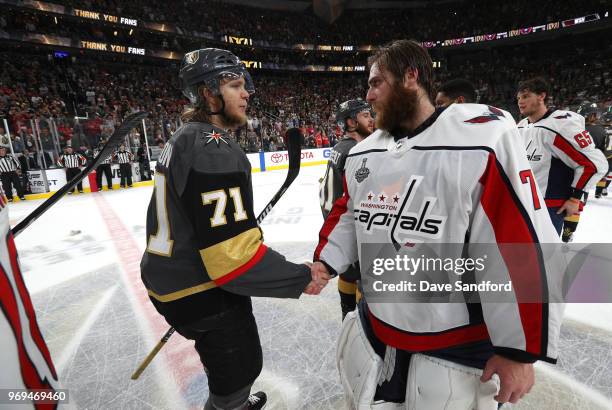 William Karlsson of the Vegas Golden Knights and Braden Holtby of the Washington Capitals shake hands after Game Five of the 2018 NHL Stanley Cup...