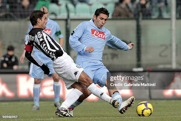 Simone Vergassola of AC Siena in action against Michele Pazienza of SSC Napoli during the Serie A match between AC Siena and SSC Napoli at Stadio...