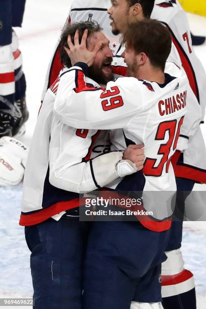 Alex Ovechkin and Alex Chiasson of the Washington Capitals celebrate their 4-3 win over the Vegas Golden Knights to win the Stanley Cup in Game Five...