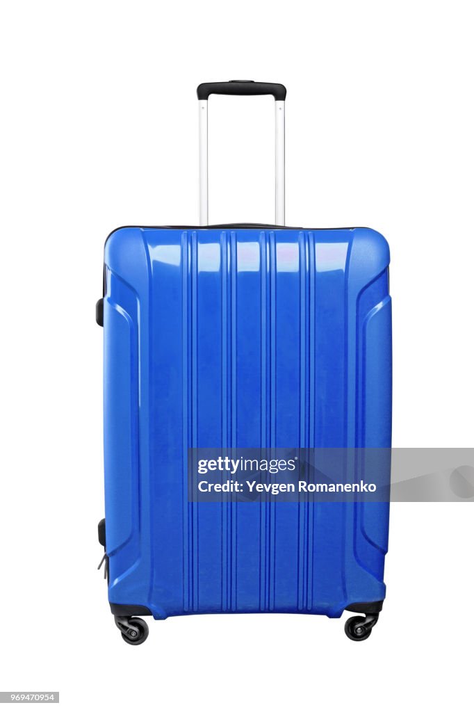 Blue travel bag on wheels, isolated on white background.