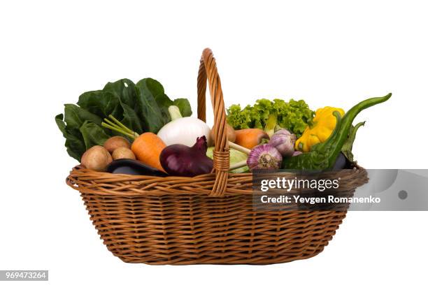 wicker basket with vegetables isolated on a white background - basket stock pictures, royalty-free photos & images