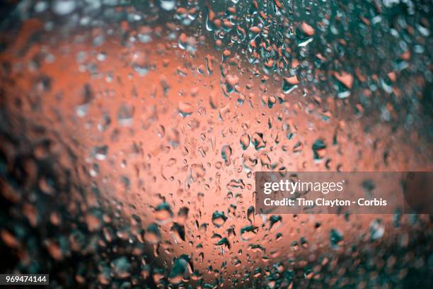 June 4. French Open Tennis Tournament - Day Ten. The covered clay court on Court Philippe-Chatrier refelcted in the rain drops during a rainy day in...