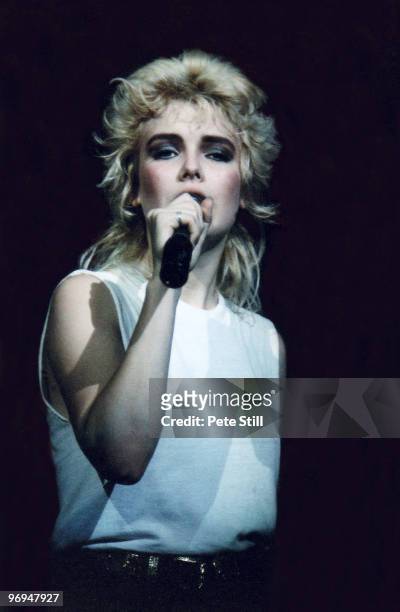 Kim Wilde performs on stage at The Dominion Theatre on October 26th, 1982 in London, England.